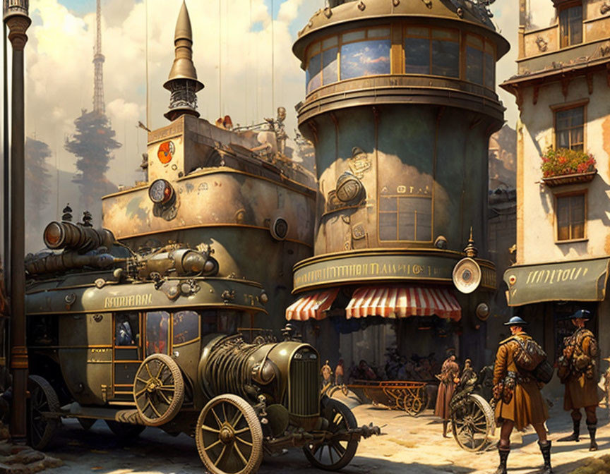 Steampunk cityscape with vintage vehicles, pedestrians, towering buildings, gears, smoggy atmosphere