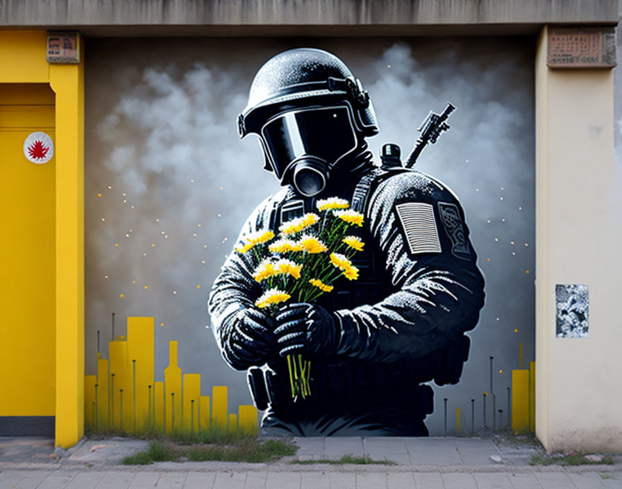 Mural depicting riot police officer with yellow flowers in smoky cityscape