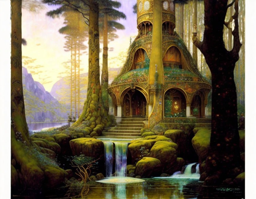 Fantasy house near waterfall with mystical landscape