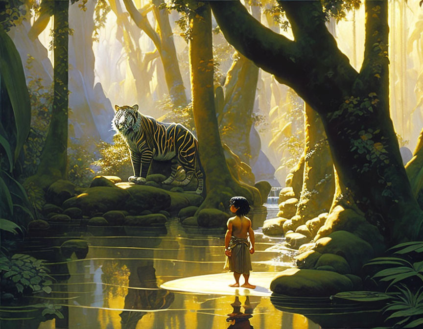 Child and majestic tiger in mystical forest with towering trees and tranquil stream