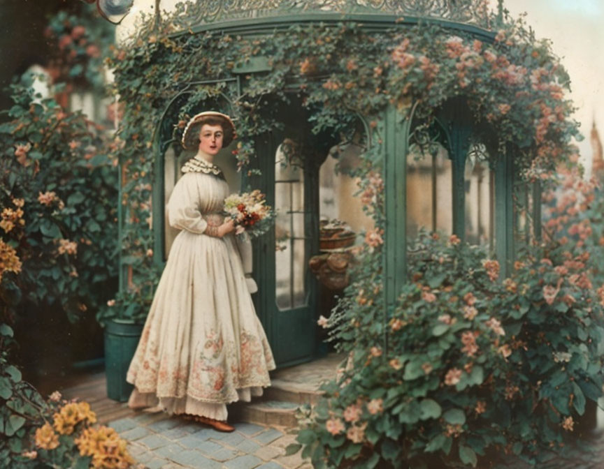 Vintage dressed woman with bouquet by flower-adorned gazebo on cobbled street