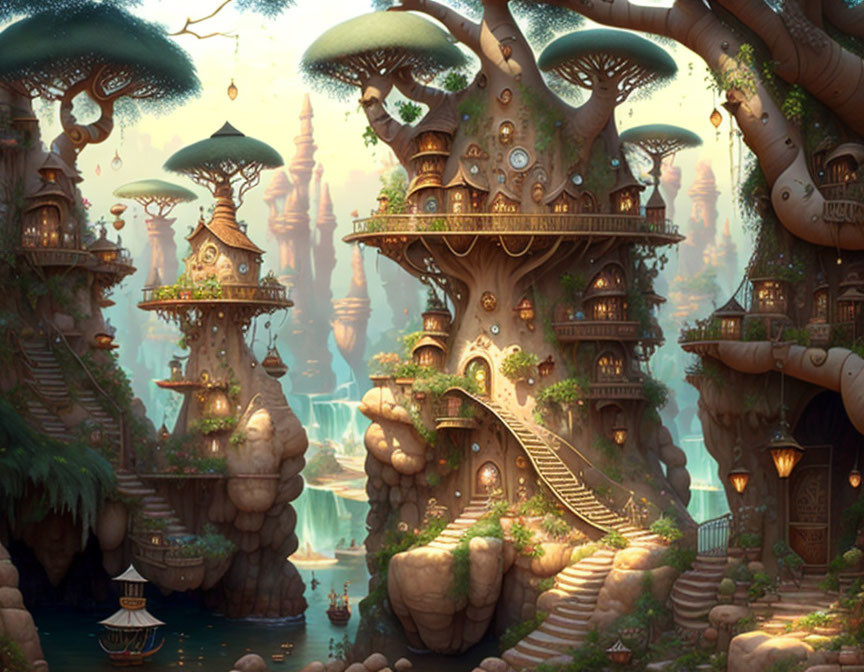 Enchanted forest with oversized mushrooms, treehouses, stairs, bridges, waterfall, and boat.