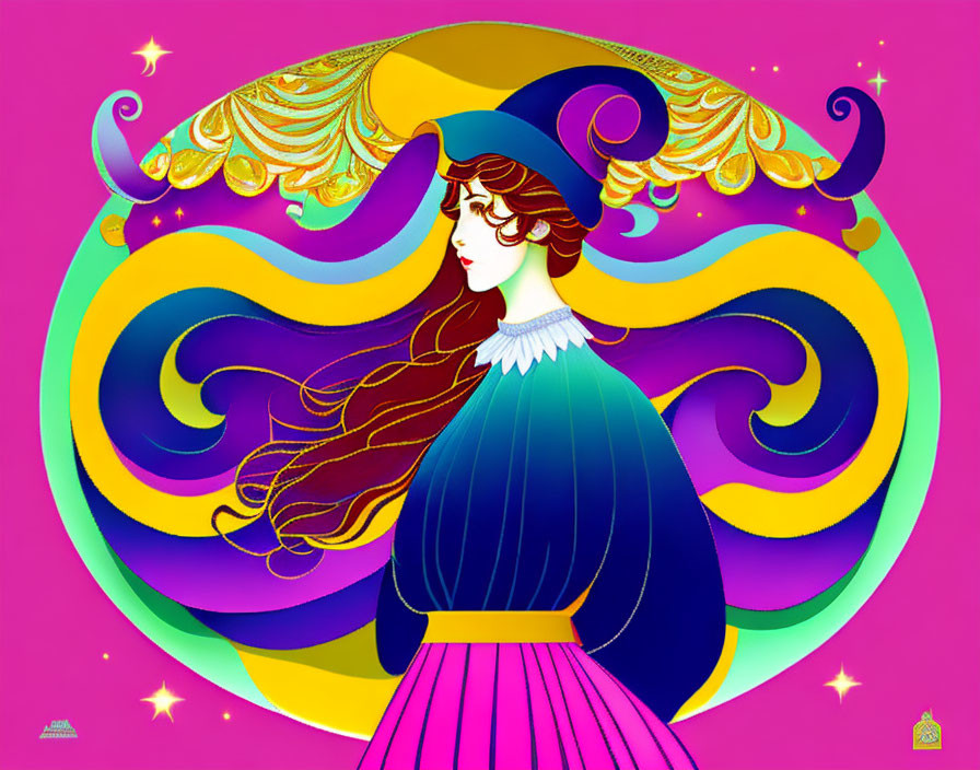 Stylized woman with flowing hair on vibrant psychedelic backdrop