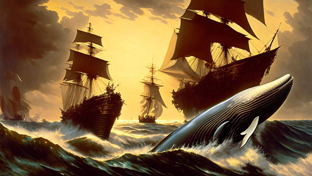 Tall ships and giant whale in stormy seas at sunset