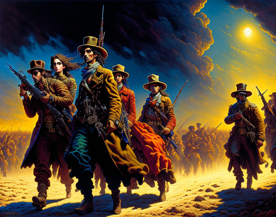 Stylized historical characters on battlefield under dramatic sky