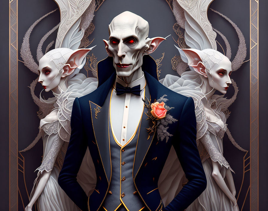 Elegant vampire-like figure in blue suit with ethereal white figures