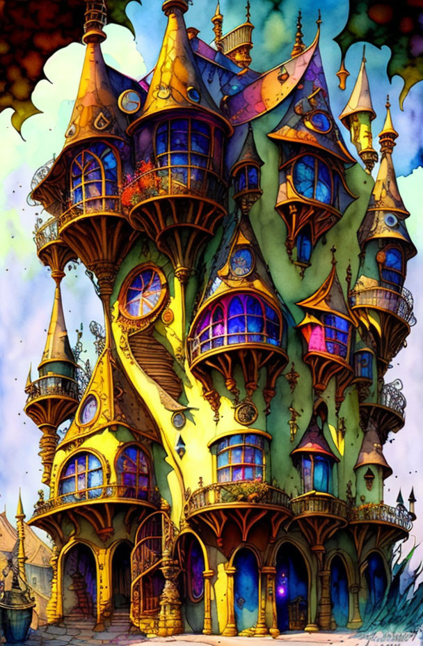 Whimsical multi-story house with turrets and round windows