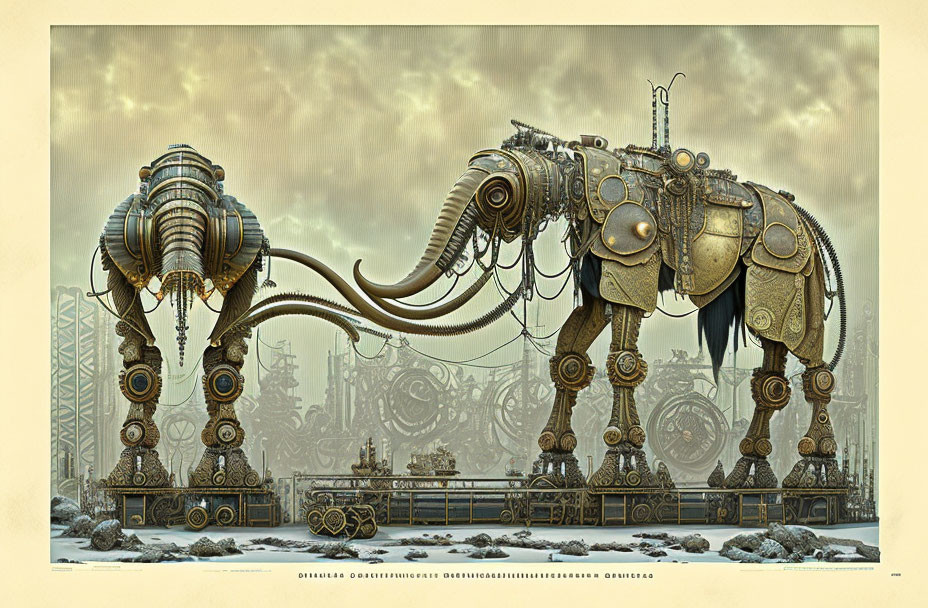 Steampunk landscape featuring two intricate mechanical elephants