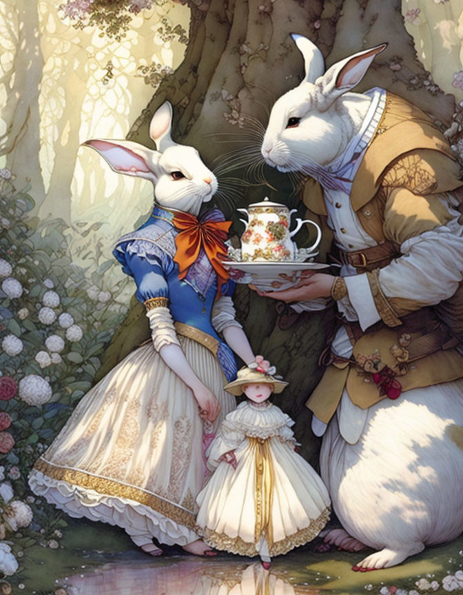 Victorian attire anthropomorphic rabbits having tea under a tree