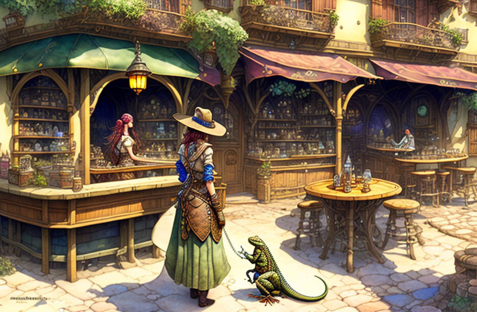 Illustration: Woman walking iguana on leash in busy street market