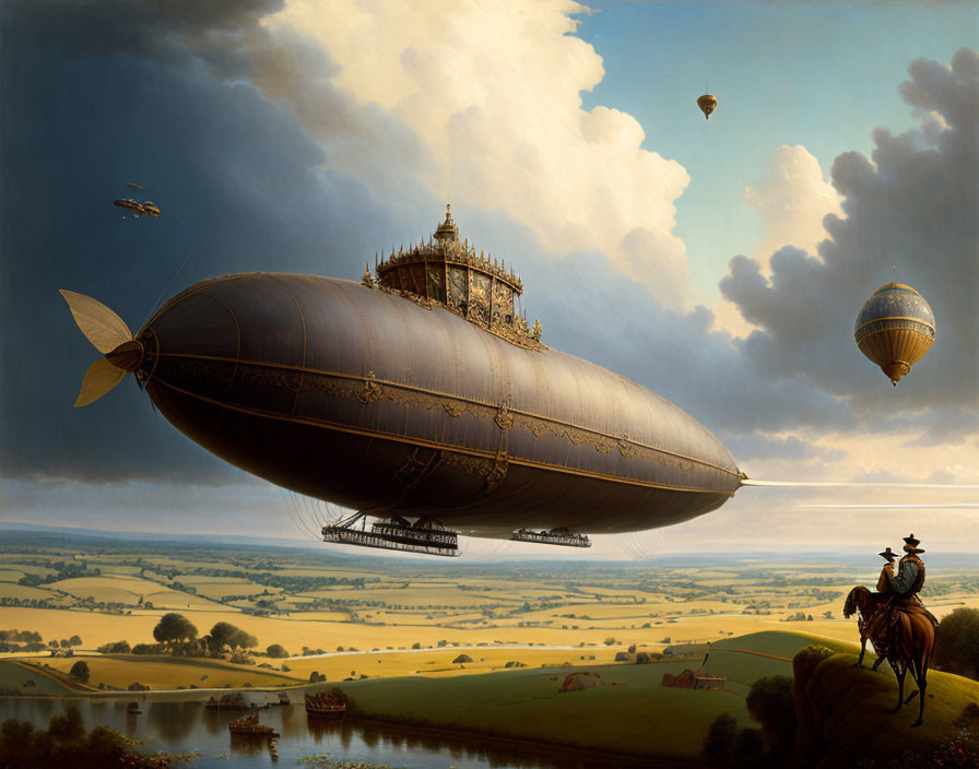 Airships and horse rider in fantastical landscape