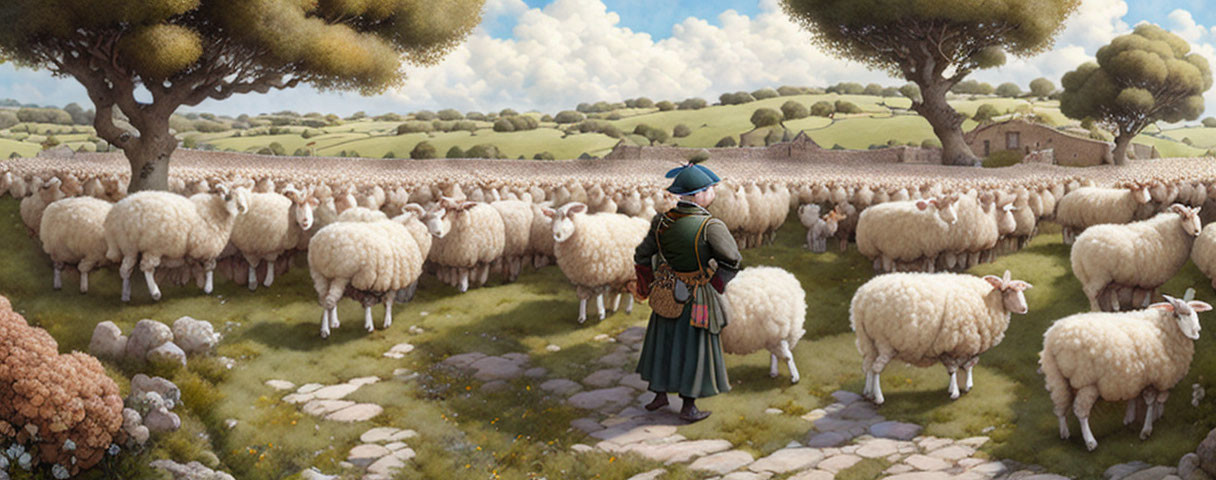 Shepherd with Flock in Tranquil Landscape