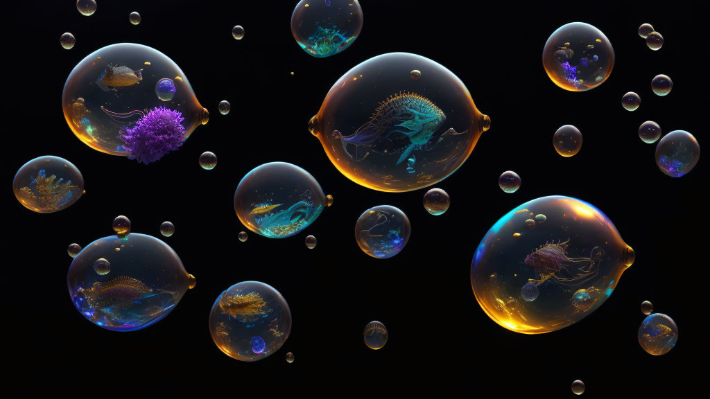 Colorful bubbles with luminescent jellyfish in dark space-like setting