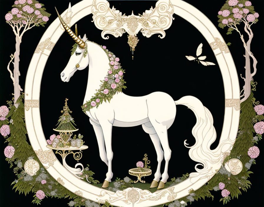 White Unicorn with Floral Garland and Butterfly in Ornate Circle