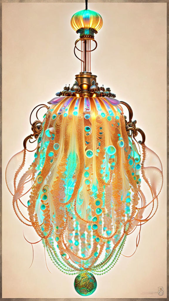 Intricate Jellyfish-Inspired Chandelier with Gold, Teal, and Coral Hues