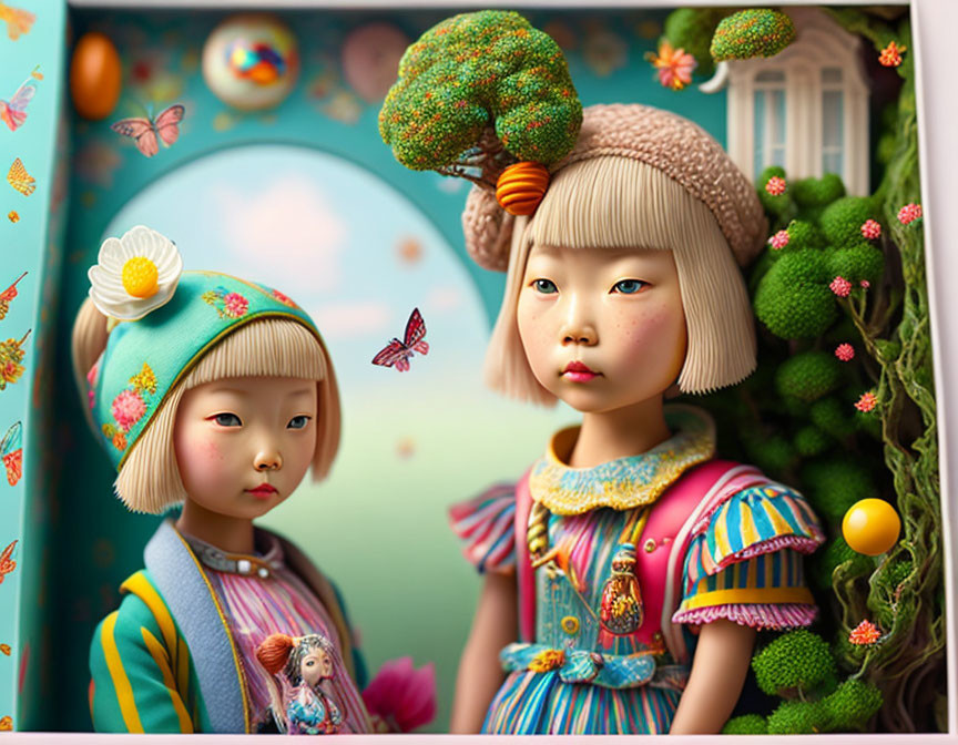 Whimsical illustrated girls in colorful fantasy setting