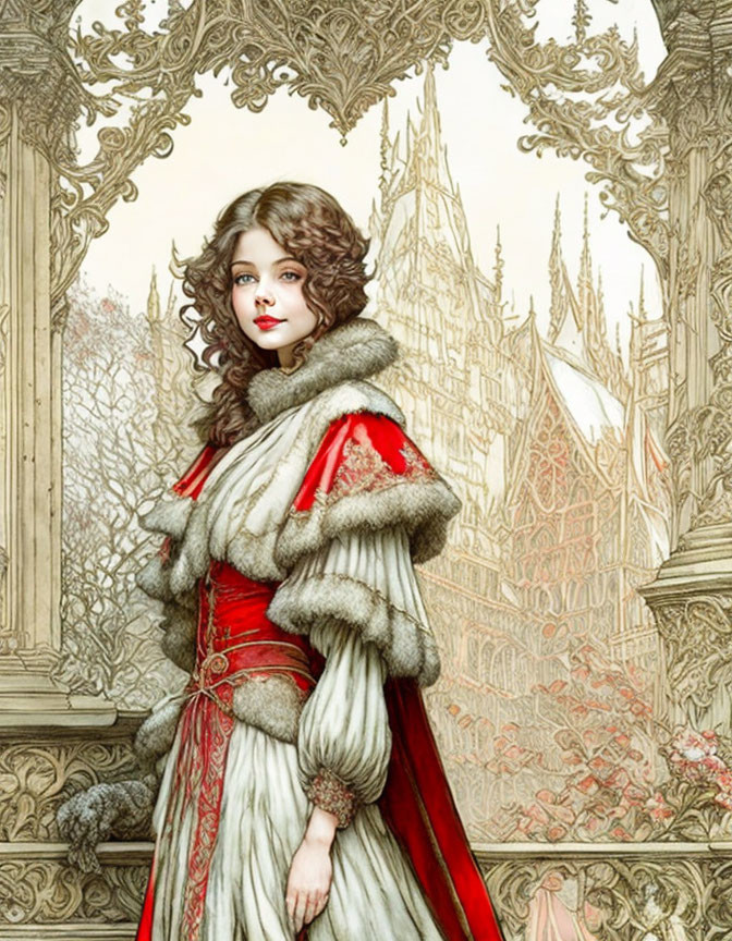 Medieval woman in fur-trimmed dress against gothic backdrop