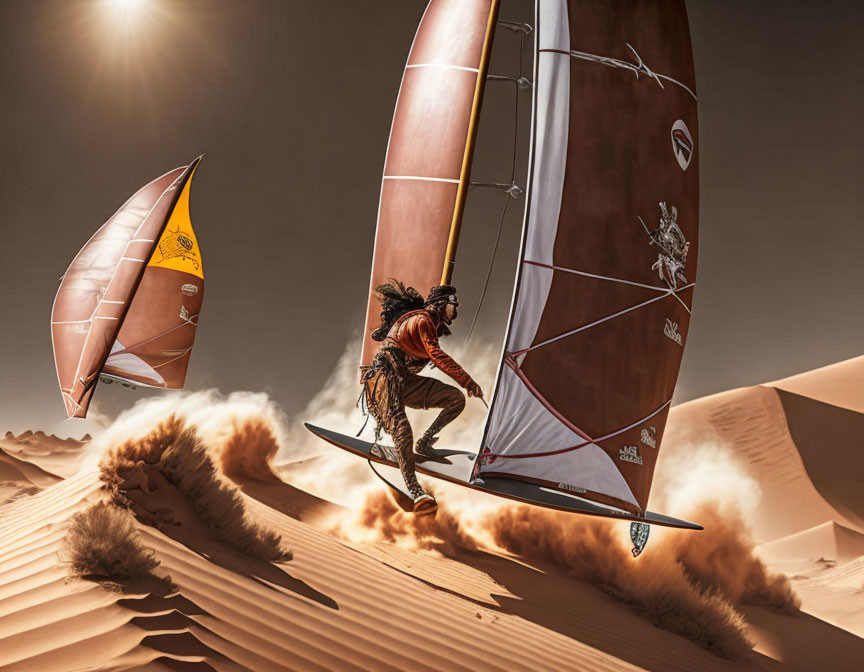 Individuals land yachting with large sails on sandy dunes under bright sun