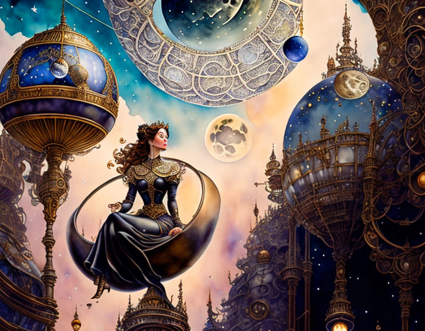 Fantasy illustration: woman on crescent moon amid celestial structures