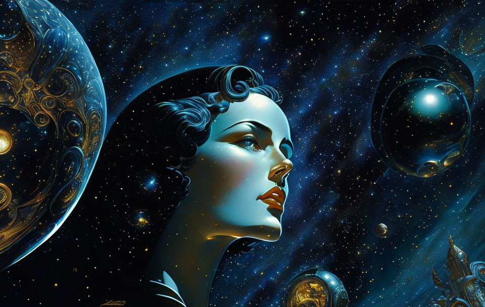 Woman's profile with cosmic features and celestial bodies in deep blue space