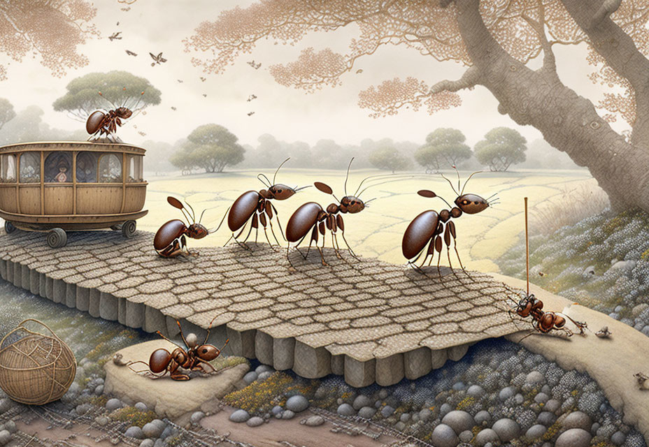 Detailed autumn landscape with giant ants, wooden caravan, and bridge