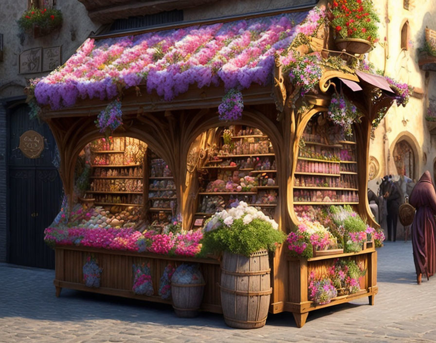 Colorful flower stall on cobblestone street with medieval buildings at dusk