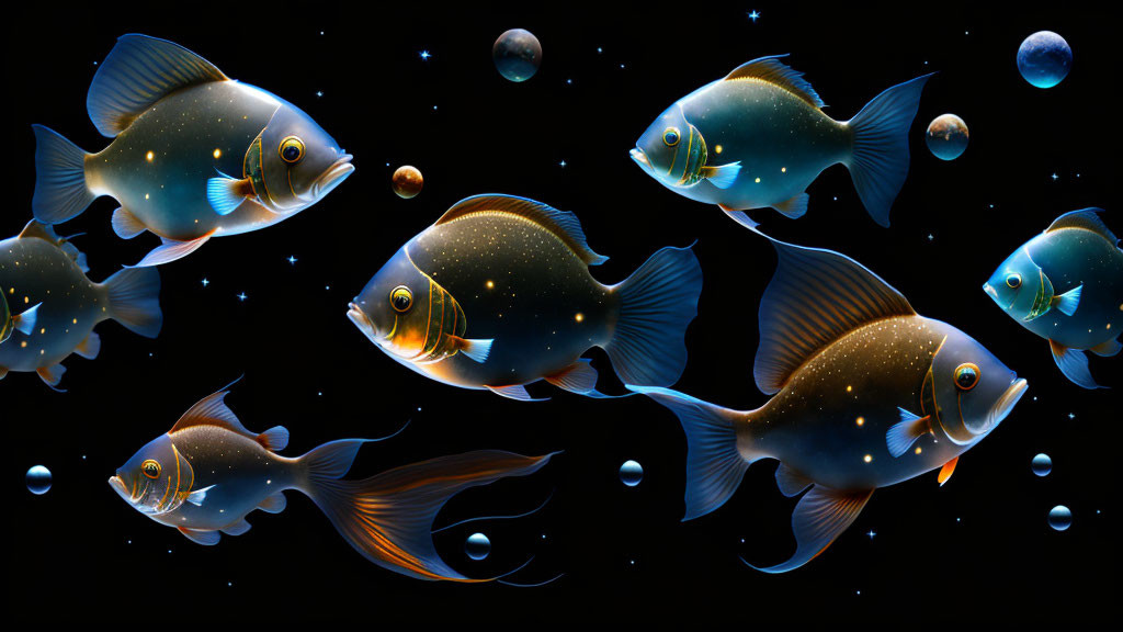 Seven stylized celestial fish swimming in dark space background