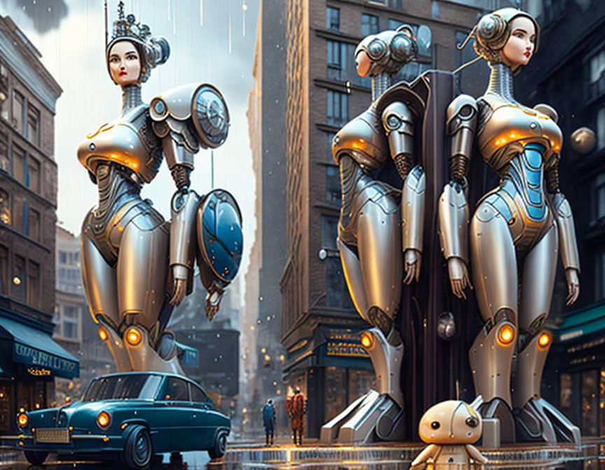 Futuristic robot figures in rainy cityscape with old-fashioned vehicles and small companion.