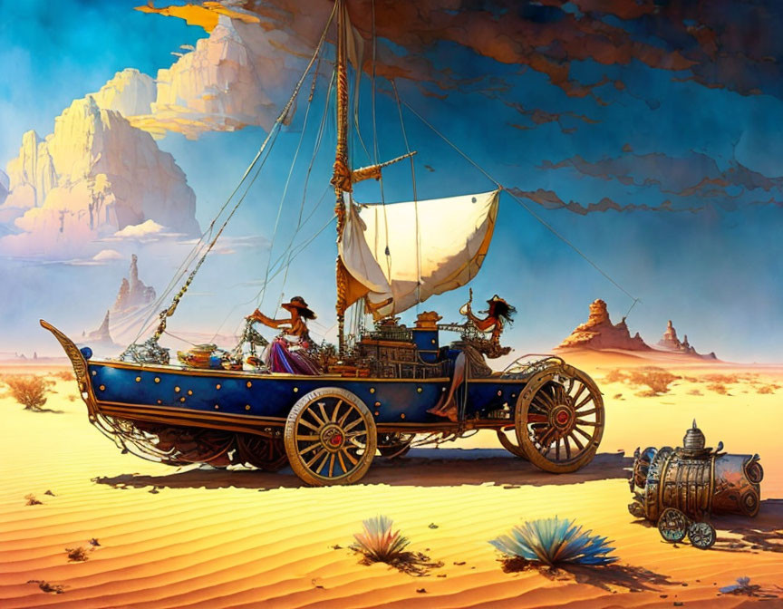 Fantastical land sailing ship with pirates, treasure chest, and cannon in desert landscape under vivid blue