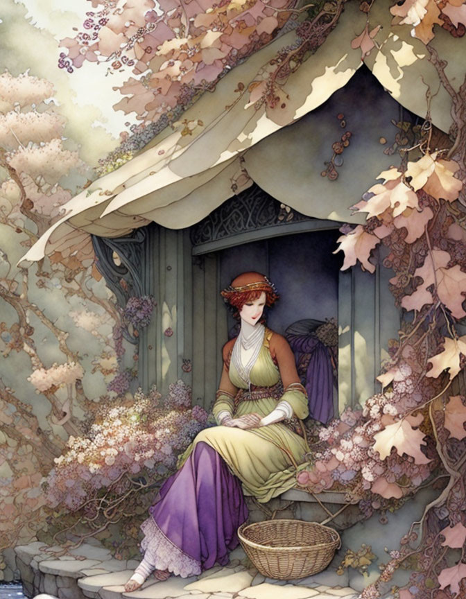 Vintage Woman Resting by Cottage Door Under Blossoming Arbor