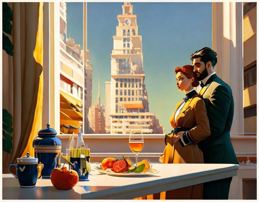 Stylized couple by window with city view and teapot, glasses, and fruit on sill.