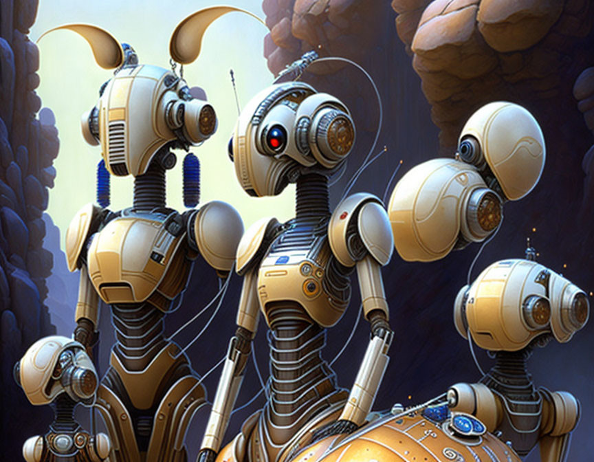 Stylized humanoid robots with bunny-like ears in rocky landscape