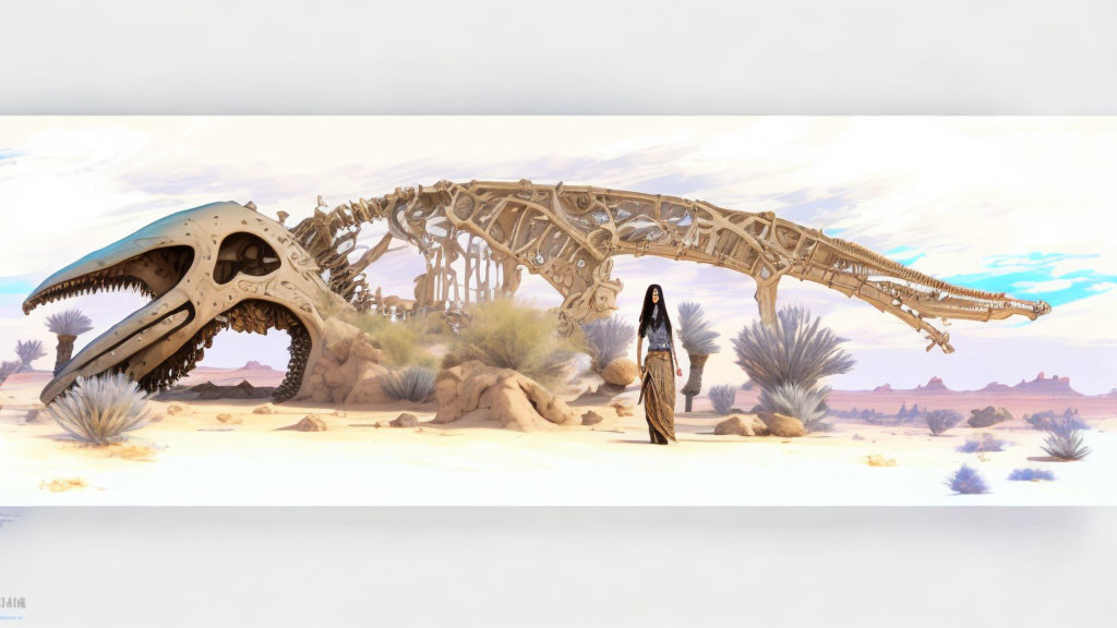 Fantastical creature skeleton in desert landscape with figure in dark cloak