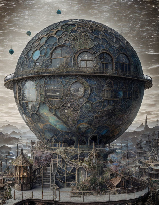 Ornate spherical structure in mystical setting with floating orbs