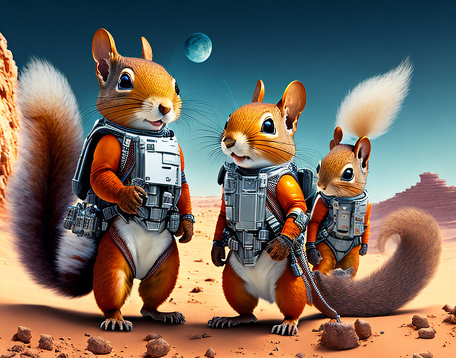 Three animated squirrels in space suits on Mars-like terrain with blue planet in sky