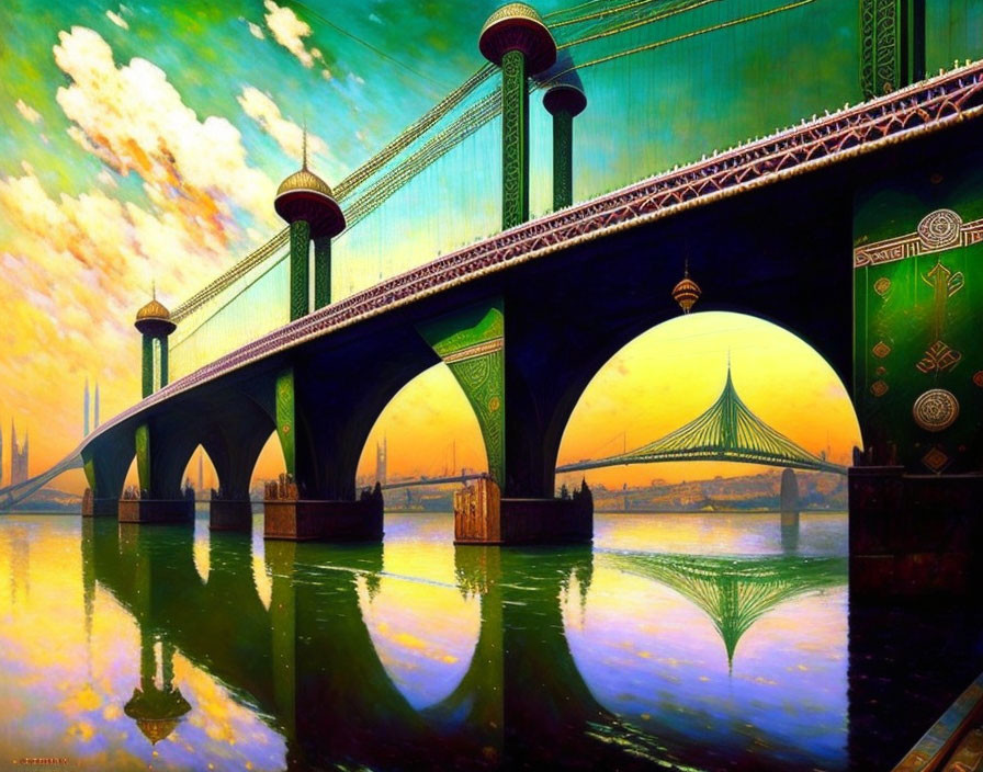 Majestic bridge with ornate towers reflected in vibrant, surreal scene