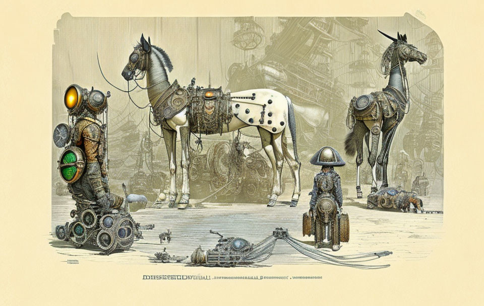 Steampunk-themed illustration with mechanical horses and vintage color palette