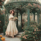 Vintage dressed woman with bouquet by flower-adorned gazebo on cobbled street