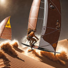 Individuals land yachting with large sails on sandy dunes under bright sun