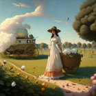 Vintage-clad woman near cotton field and house on wheels under clear sky