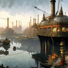 Harbor scene with dome-shaped building and ships on waterfront