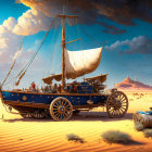 Fantastical land sailing ship with pirates, treasure chest, and cannon in desert landscape under vivid blue