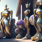 Stylized humanoid robots with bunny-like ears in rocky landscape