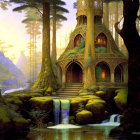 Fantasy house near waterfall with mystical landscape