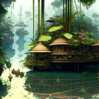 Mystical jungle with traditional huts, lush vegetation, and distant pagodas