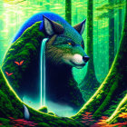 Glowing mystical fox in lush forest with light beams and butterflies