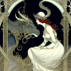 Woman in white dress with red accents next to large wolf with fangs and horns in ornate arch