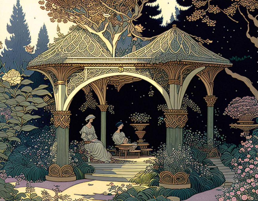 Detailed Art Nouveau Style Illustration: Couple under Gazebo in Lush Night Garden