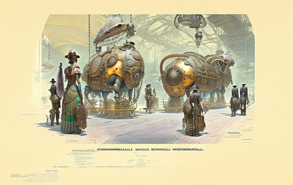 Steampunk environment with ornate vehicles and people in period attire.