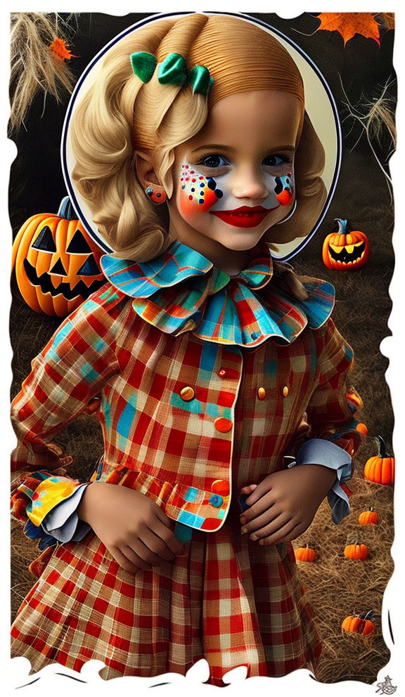 Clown costume doll with plaid dress among Halloween pumpkins